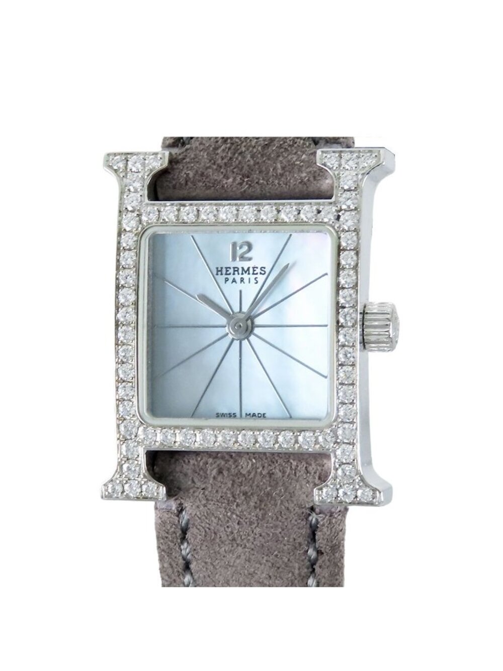 Hermes H Watch Jga White Shell 18k White Gold Diamond Mini